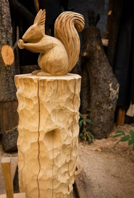 Schnitzerei eines Eichhörnchens auf einem Baumstamm.